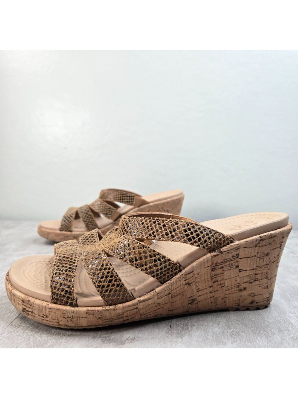Crocs Cork Wedge Sandals Sz 8 Snake Print Platform Comfort Strappy Summer Slides